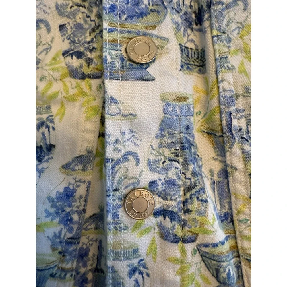 Talbots Printed Jean Jacket XS Blue Green Watercolor Vases Button Front Parisian